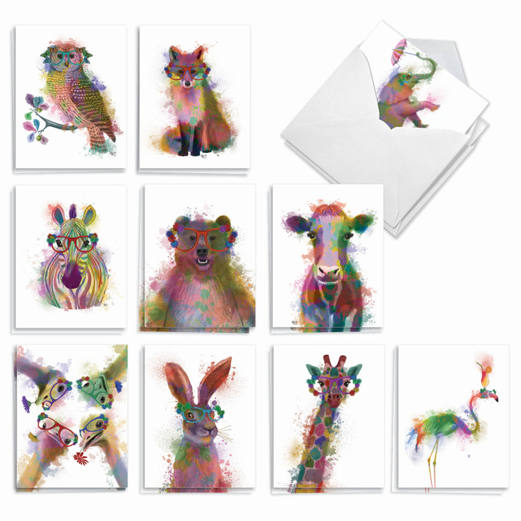 Funky Rainbow Wildlife, Assorted Set Of Printed Birthday Notecards - AM4948BDG-B2x10