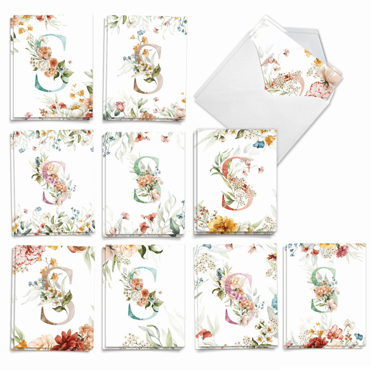 Flowering Initial S, Assorted Set Of Printed Blank All Occasions Notecards - AM10212OCB-B2x10