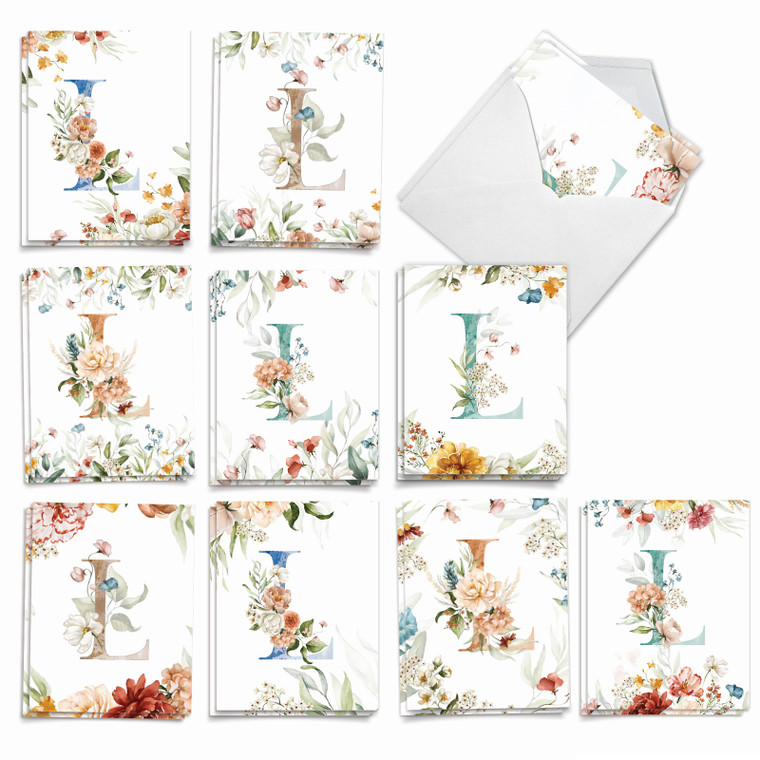 Flowering Initial L, Assorted Set Of Printed Blank All Occasions Notecards - AM10214OCB-B2x10