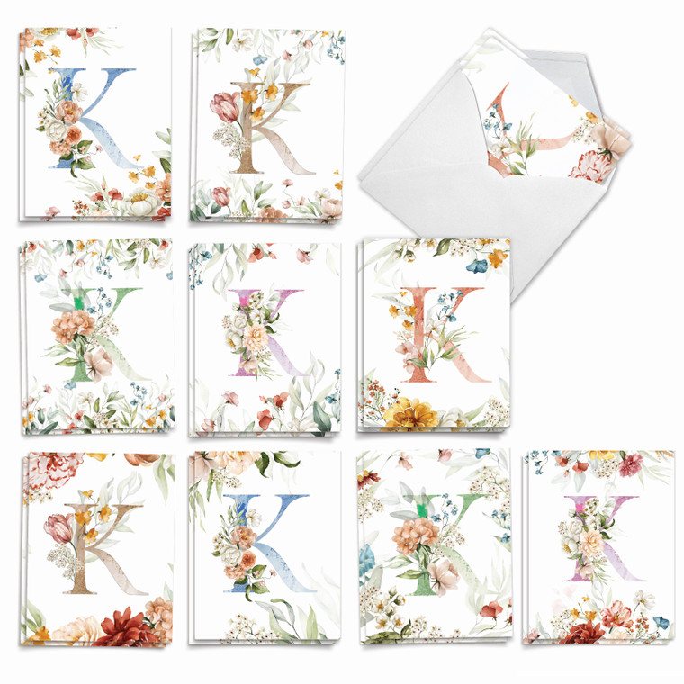 Flowering Initial K, Assorted Set Of Printed Blank All Occasions Notecards - AM10215OCB-B2x10