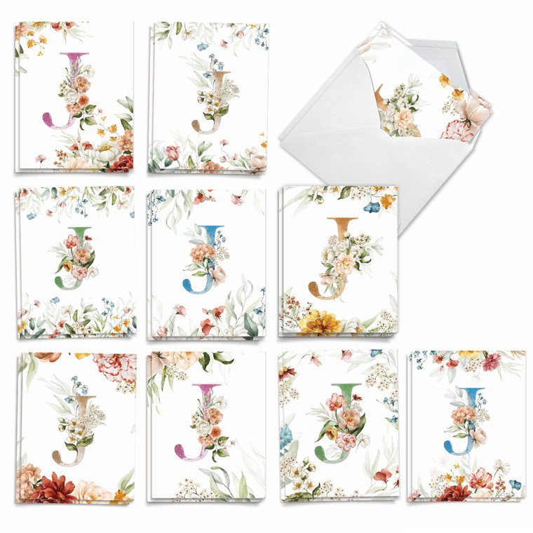 Flowering Initial J, Assorted Set Of Printed Blank All Occasions Notecards - AM10216OCB-B2x10