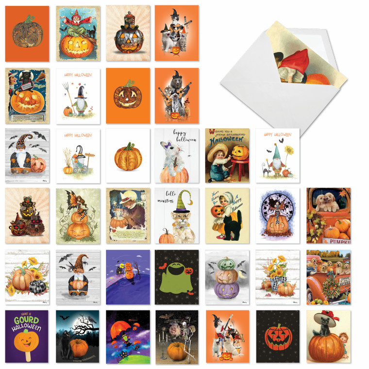 Pumpkin Fun, Assorted Set Of 36 Printed Halloween Notecards - AM10142HWG-B1x36