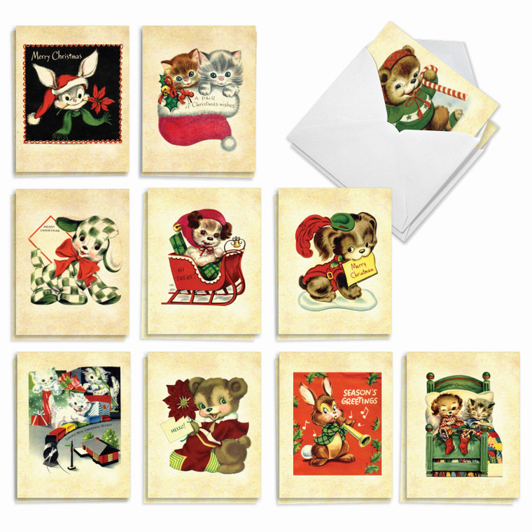 Vintage Holiday Animals, Assorted Set Of Printed Christmas Notecards - AM10144XSG-B2x10