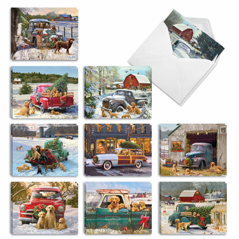 Holiday Trucks and Labs, Assorted Set Of Printed Christmas Notecards - AM10185XSG-B2x10