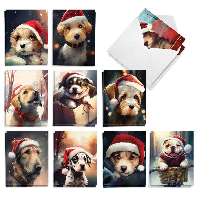 Santa Hat Puppies, Assorted Set Of Printed Christmas Notecards - AM10188XSG-B2x10