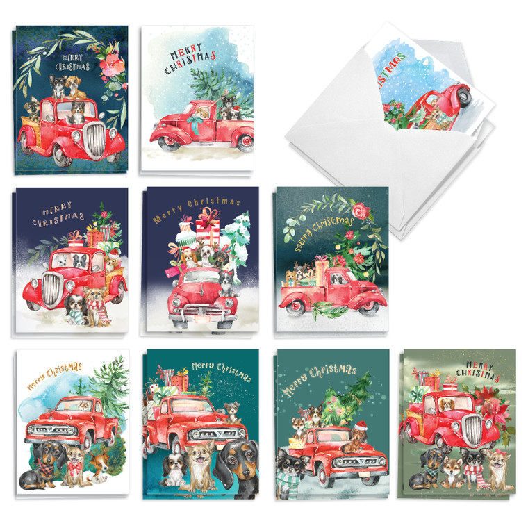 Red Pickup Puppies, Assorted Set Of Printed Christmas Notecards - AM10190XSG-B2x10