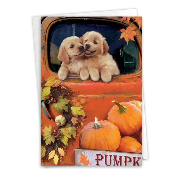 Pumpkin Puppies - Truck, Printed Thanksgiving Greeting Card - C10191BTGG