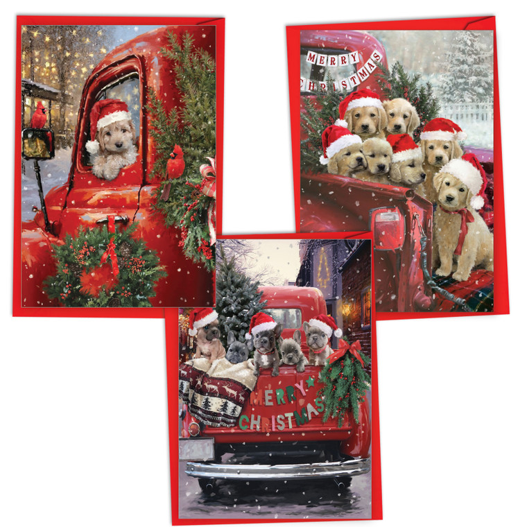 Red Truck Puppies - Trio, Variety Of Printed Christmas Greeting Cards - VC3375ZXSG-C1x3