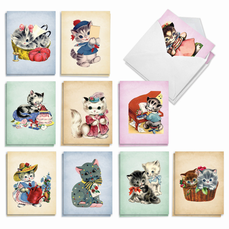 Vintage Cats, Assorted Set Of Printed Blank All Occasions Notecards - AM10026OCB-B2x10