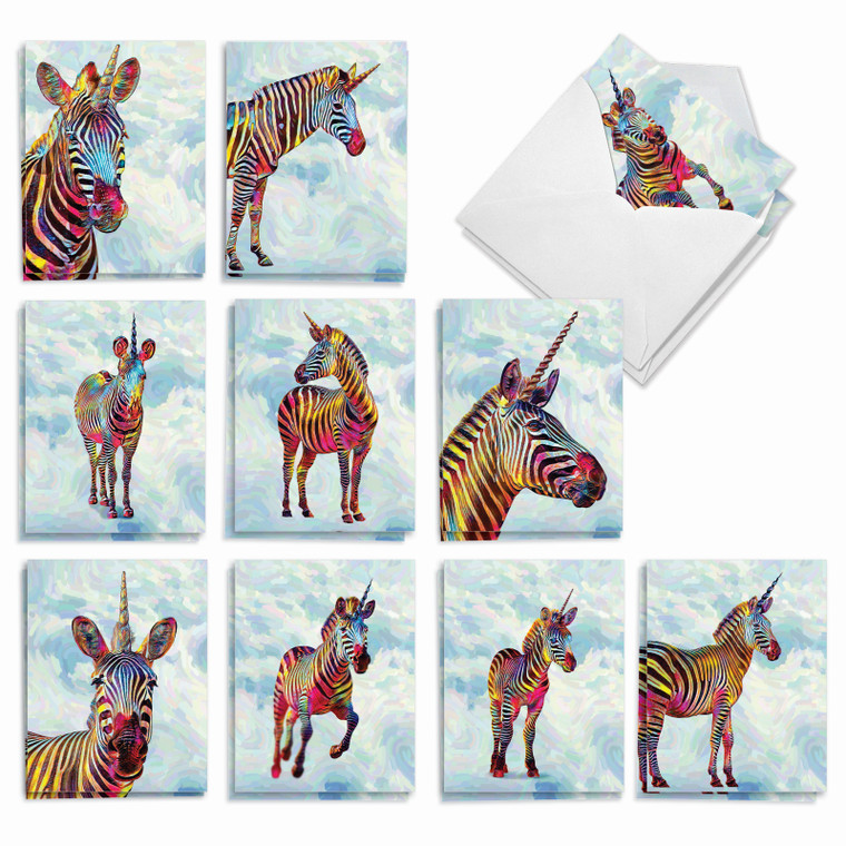 Zebra-corns, Assorted Set Of Printed Blank All Occasions Notecards - AM10312OCB-B2x10