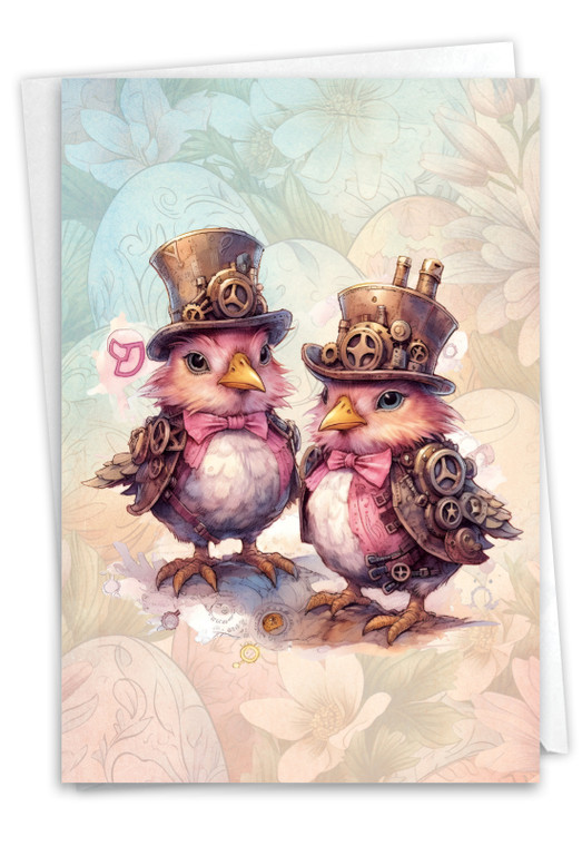 Steampunk Chicken Family - Two Chicks, Printed Easter Greeting Card - C10979GEAG