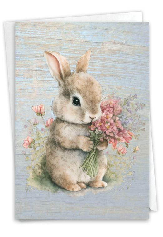 Bunnies With Flowers - Pink, Printed Easter Greeting Card - C10991BEAG