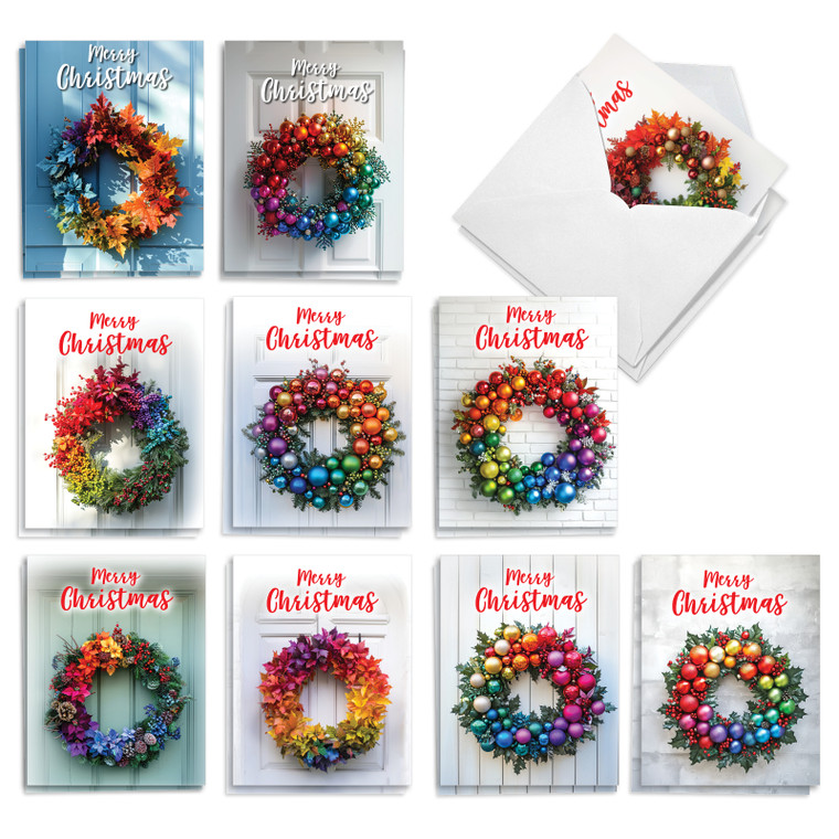 Rainbow Wreaths, Assorted Set Of Printed Christmas Notecards - AM10770XSG-B2x10