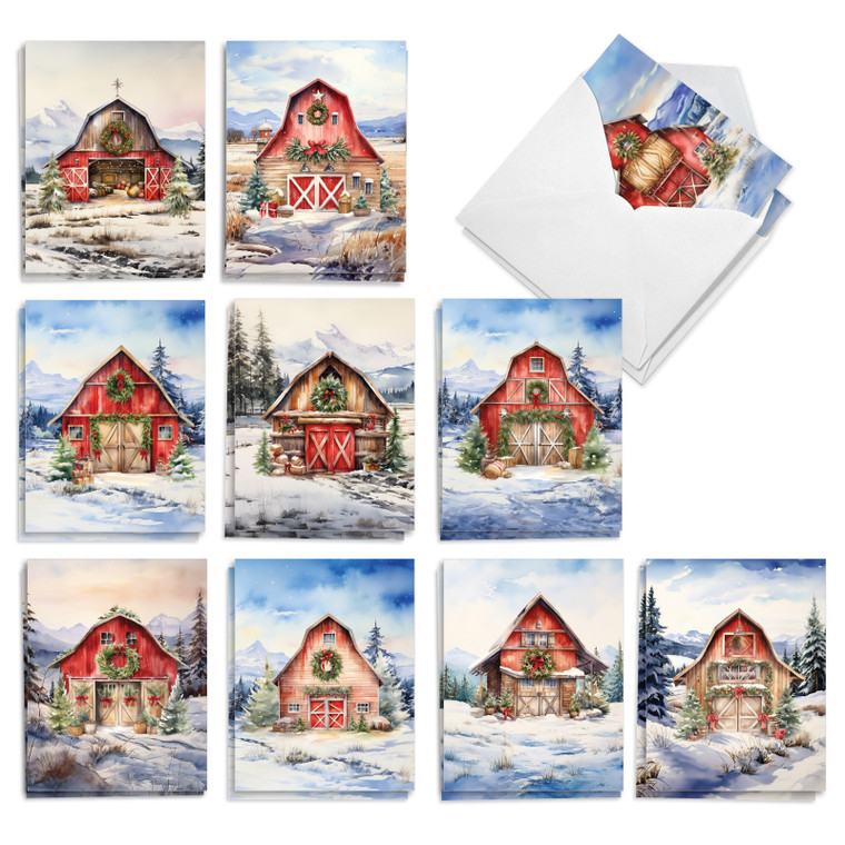 Holiday Red Barns, Assorted Set Of Printed Christmas Notecards - AM10778XSG-B2x10