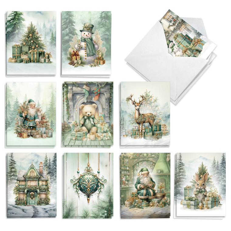 Holiday In Green, Assorted Set Of Printed Christmas Notecards - AM10780XSG-B2x10