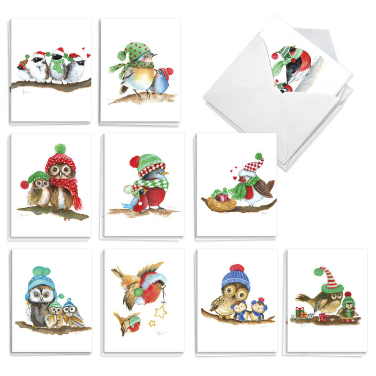Holiday Bird Buddies, Assorted Set Of Printed Christmas Notecards - AM10785XSG-B2x10