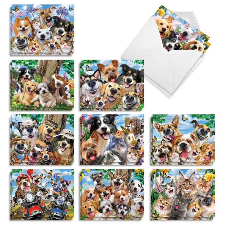 Cat And Dog Selfies, Assorted Set Of Printed Blank All Occasions Notecards - AM10690OCB-B2x10