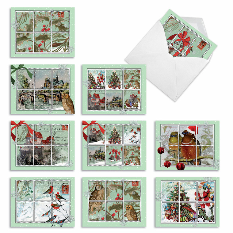 A light green border frames winter holiday scenes, cut into portions like a page of stamps in this artful take on holiday cards.