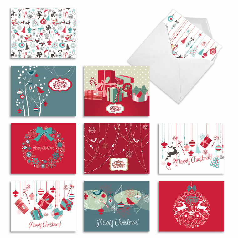 Red And Blue Retro Christmas, Assorted Set Of Christmas Notecards - AM6663XSG