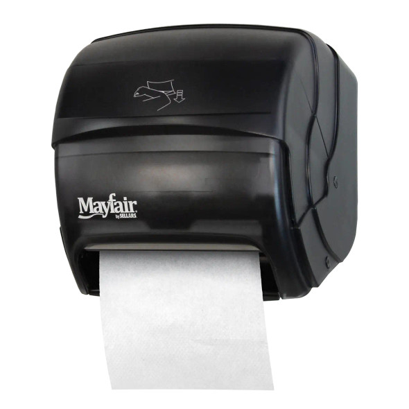Mayfair manual lever hard roll paper towel dispenser with black translucent cover for hygienic commercial restroom towel dispensing