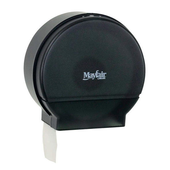 Mayfair single jumbo roll toilet paper dispenser with black translucent cover for commercial restroom tissue dispensing