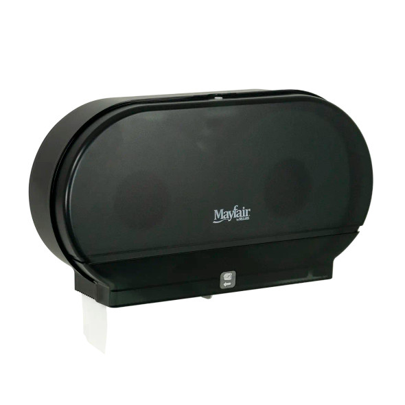 Mayfair twin jumbo roll toilet paper dispenser with black translucent cover for commercial restroom tissue dispensing