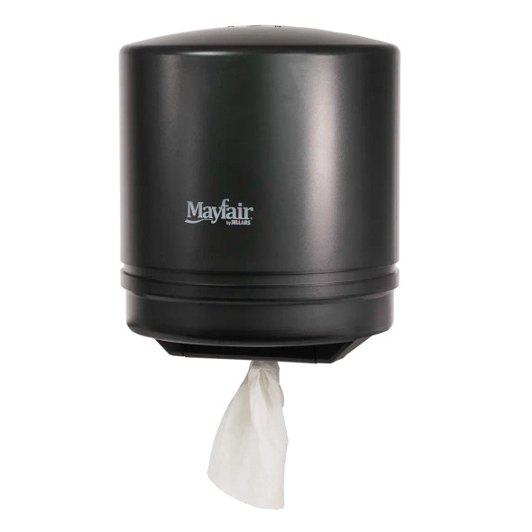 Mayfair center-pull paper towel dispenser with black translucent cover for hygienic single-sheet towel dispensing in commercial restrooms