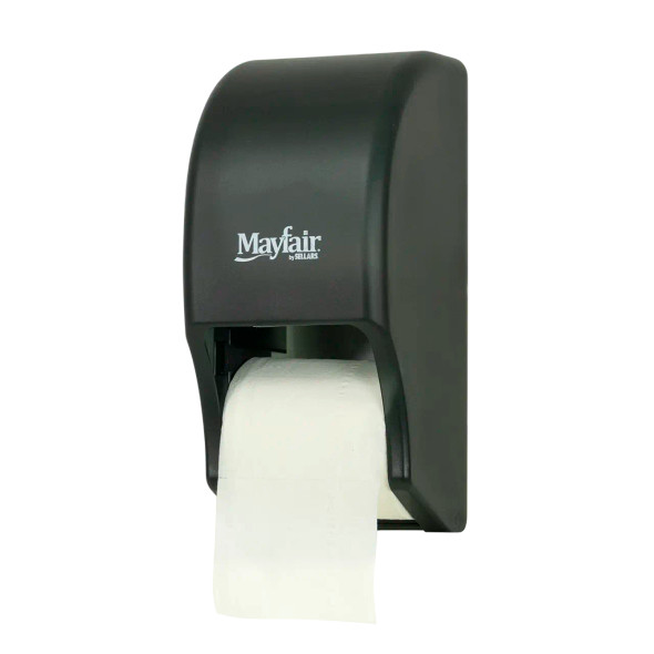 Mayfair two-roll standard toilet paper dispenser with black translucent cover for commercial restroom tissue dispensing