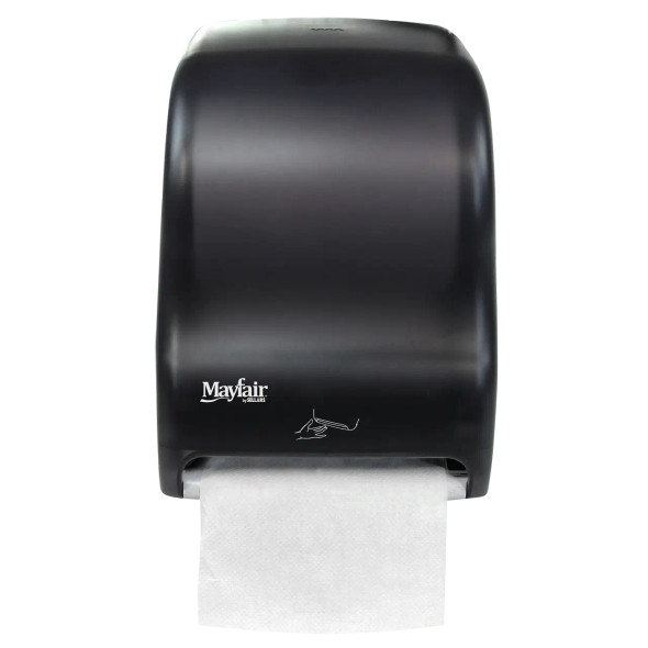 Mayfair automatic touchless hard roll paper towel dispenser with black translucent cover for hygienic commercial restroom hand drying