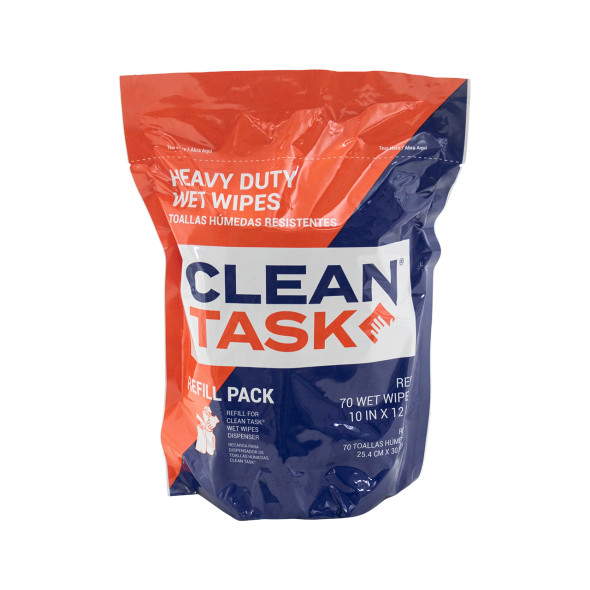 Clean Task Heavy Duty Wet Wipes refill pack with 70 pre-moistened industrial wipes for removing grease, oil, dirt and grime without water