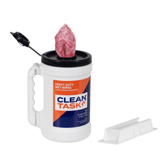 Clean Task Heavy Duty red wet wipes in an open Big Grip dispenser for removing grease, oil, dirt and grime without water