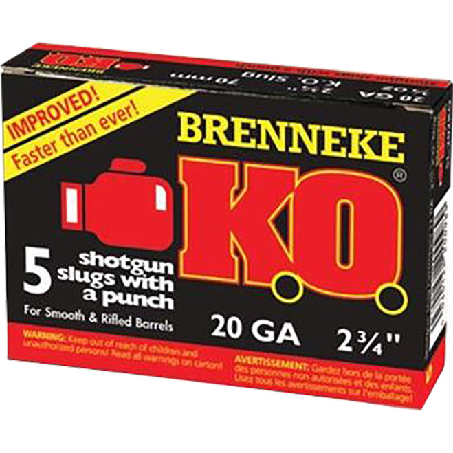 Brenneke KO Slugs 20 ga. 2 3/4 in. 3/4 oz. 5 rd. Brenneke KO Slugs 20 ga. 2 3/4 in. 3/4 oz. 5 rd.