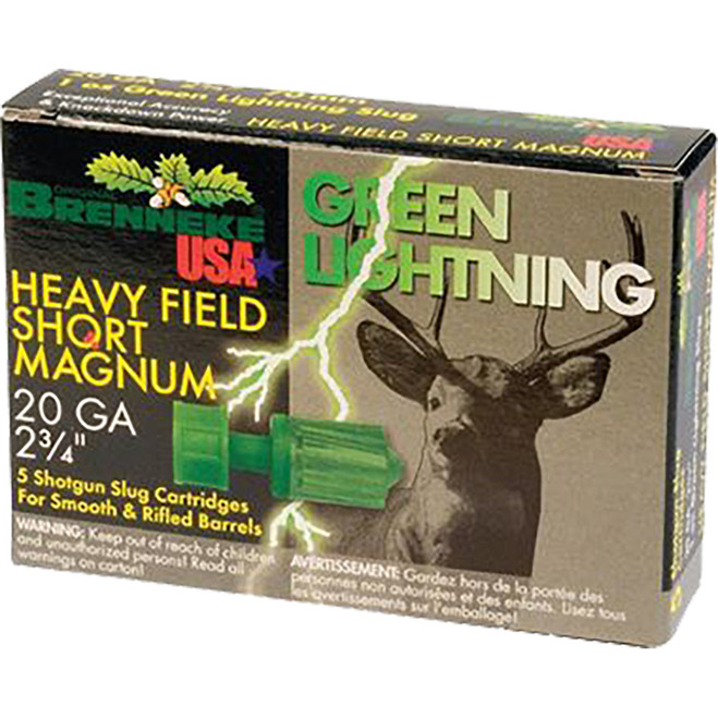 Brenneke Green Lightning Slugs 20 ga. 2 3/4 in. 1 oz. 5 rd. Brenneke Green Lightning Slugs 20 ga. 2 3/4 in. 1 oz. 5 rd.