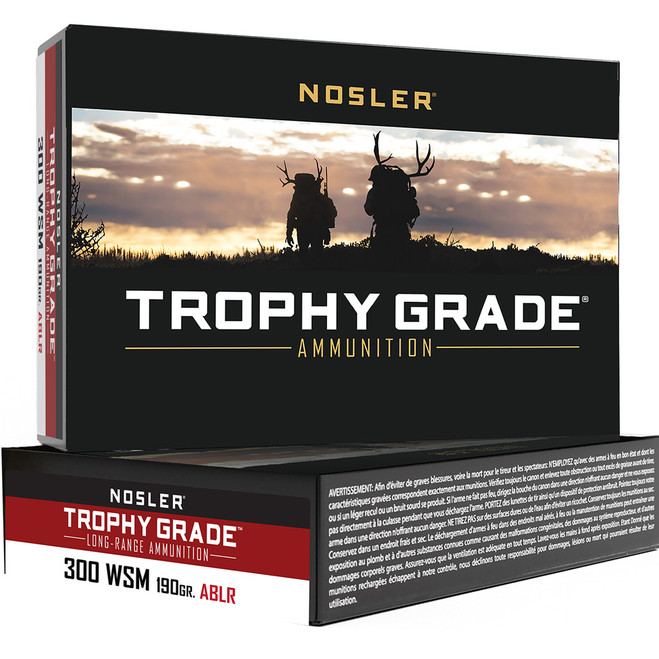 Nosler Trophy Grade Long Range Rifle Ammunition 300 WSM 190 gr. ABLR SP 20 rd. Nosler Trophy Grade Long Range Rifle Ammunition 300 WSM 190 gr. ABLR SP 20 rd.