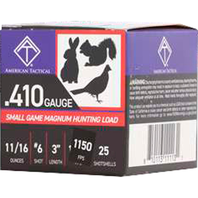 ATI Hunting Shotgun Ammo 410 ga. 6 Shot 11/16 Oz. 25 rds ATI Hunting Shotgun Ammo 410 ga. 6 Shot 11/16 Oz. 25 rds