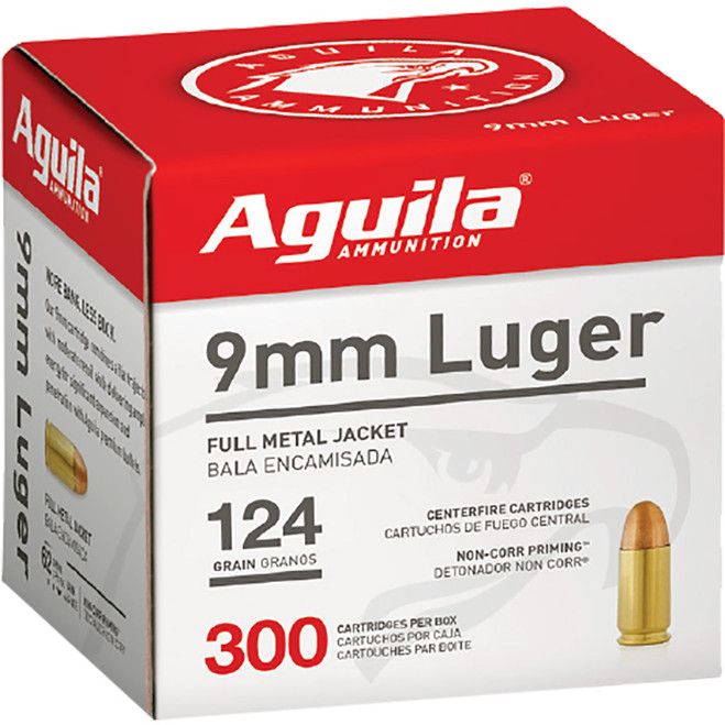 Aguila Pistol Ammo 9mm 124 gr. FMJ 300 rd. Aguila Pistol Ammo 9mm 124 gr. FMJ 300 rd.