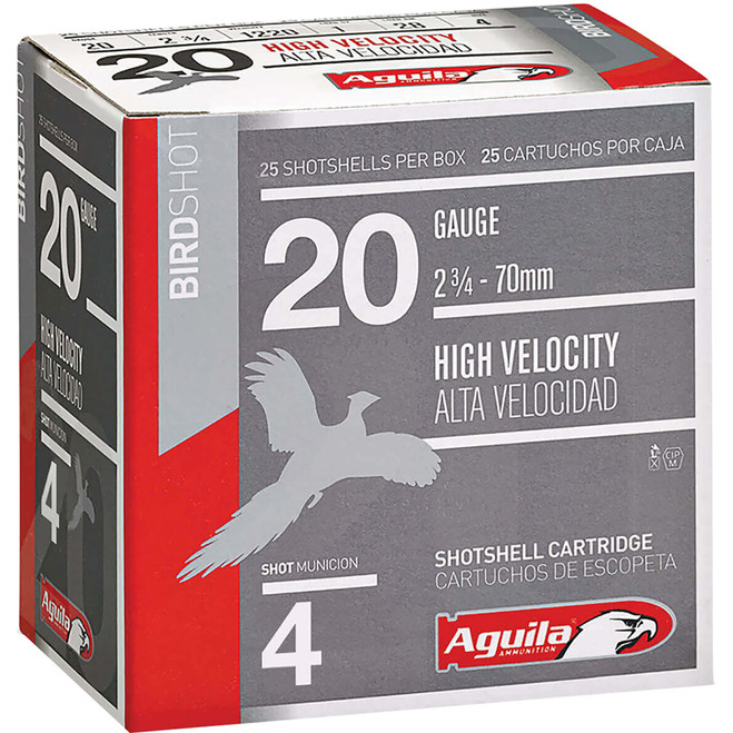Aguila High Velocity Shotgun Game Load 20 ga. 2.75 in. 1 oz. 4 Shot 25 rd. Aguila High Velocity Shotgun Game Load 20 ga. 2.75 in. 1 oz. 4 Shot 25 rd.
