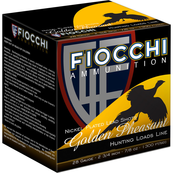 Fiocchi Golden Pheasant Shotgun Loads 28 ga. 2.75 in. 7/8 oz. 6 Shot 25 rd. Fiocchi Golden Pheasant Shotgun Loads 28 ga. 2.75 in. 7/8 oz. 6 Shot 25 rd.