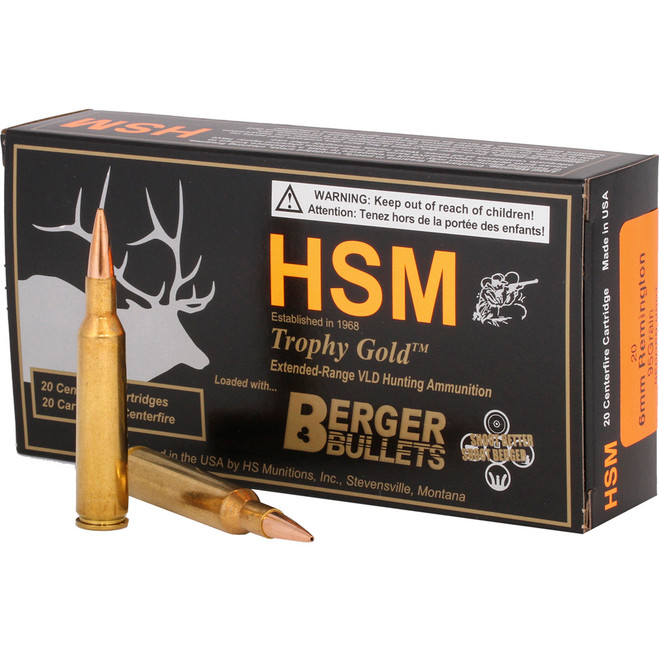 HSM Trophy Gold Rifle Ammunition 6mm Remington Berger 95 gr. 20 rd. HSM Trophy Gold Rifle Ammunition 6mm Remington Berger 95 gr. 20 rd.