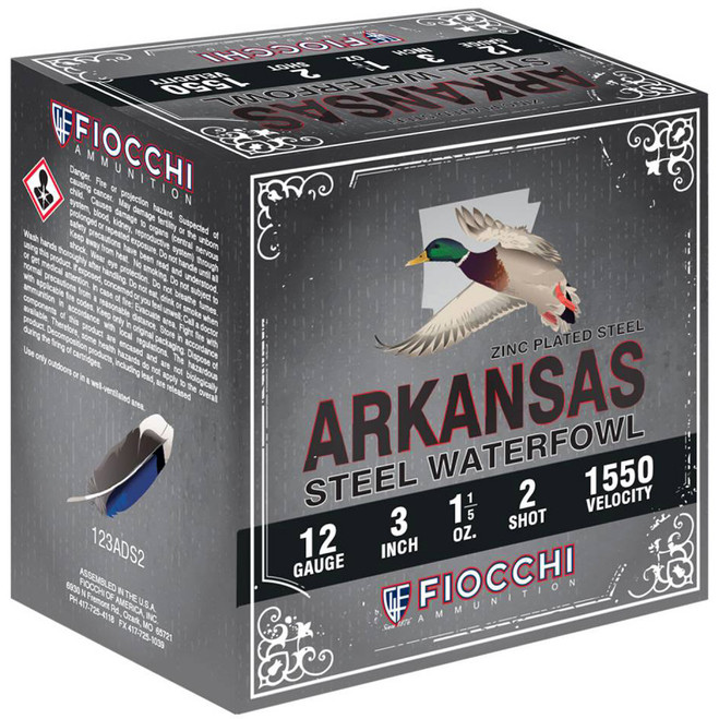Fiocchi Arkansas Steel Shotgun Ammo 12 ga. 3 in. 1 1/5 oz. 1550 FPS 2 Shot 100 rd. Fiocchi Arkansas Steel Shotgun Ammo 12 ga. 3 in. 1 1/5 oz. 1550 FPS 2 Shot 100 rd.