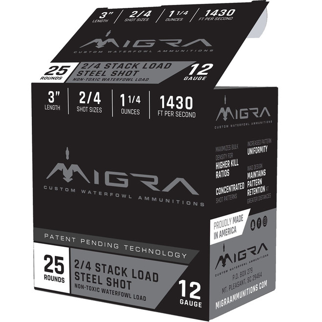 Migra Staxd Shotgun Ammo 12 ga. 3 in. 1.25 oz. 2-4 Shot 25 rd. Migra Staxd Shotgun Ammo 12 ga. 3 in. 1.25 oz. 2-4 Shot 25 rd.
