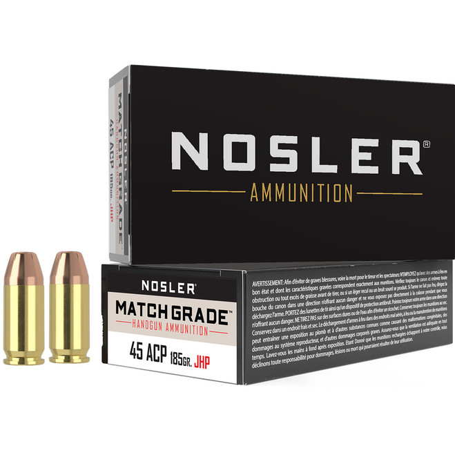 Nosler Match Grade Handgun Ammunition 45 ACP 185 gr. CC HPBT 50 rd. Nosler Match Grade Handgun Ammunition 45 ACP 185 gr. CC HPBT 50 rd.