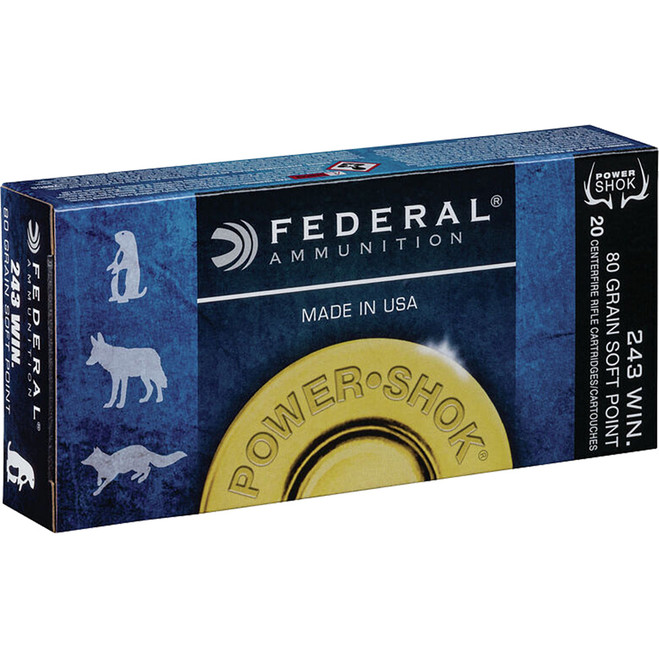 Federal Power-Shok Rifle Ammo 243 Win 80 gr. Jacketed Soft Point 20 rd. Federal Power-Shok Rifle Ammo 243 Win 80 gr. Jacketed Soft Point 20 rd.