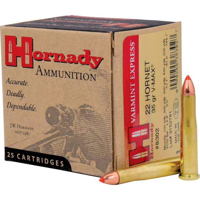 Hornady Varmint Express Rifle Ammo 22 Hornet 35 gr. V-Max 25 rd. Hornady Varmint Express Rifle Ammo 22 Hornet 35 gr. V-Max 25 rd.