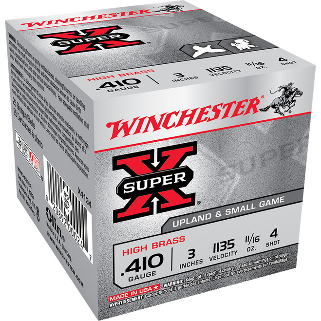 Winchester Super-X High Brass Heavy Game Load 410 ga. 3 in. 11/16 oz. 4 Shot 25 rd. Winchester Super-X High Brass Heavy Game Load 410 ga. 3 in. 11/16 oz. 4 Shot 25 rd.