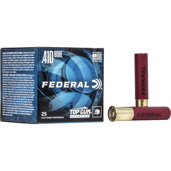 Federal Top Gun Shotgun Ammo 410 ga. 2.5 in. 1/2 oz. 1330 FPS 9 Shot 25 rd. Federal Top Gun Shotgun Ammo 410 ga. 2.5 in. 1/2 oz. 1330 FPS 9 Shot 25 rd.