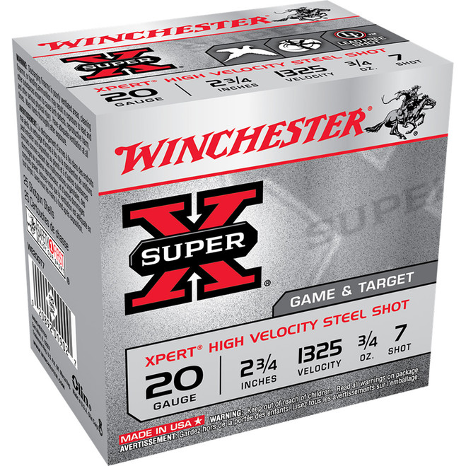 Winchester Super-X Xpert Hi-Velocity Steel 20 ga. 2.75 in. 3/4 oz. 7 Shot 25 rd. Winchester Super-X Xpert Hi-Velocity Steel 20 ga. 2.75 in. 3/4 oz. 7 Shot 25 rd.