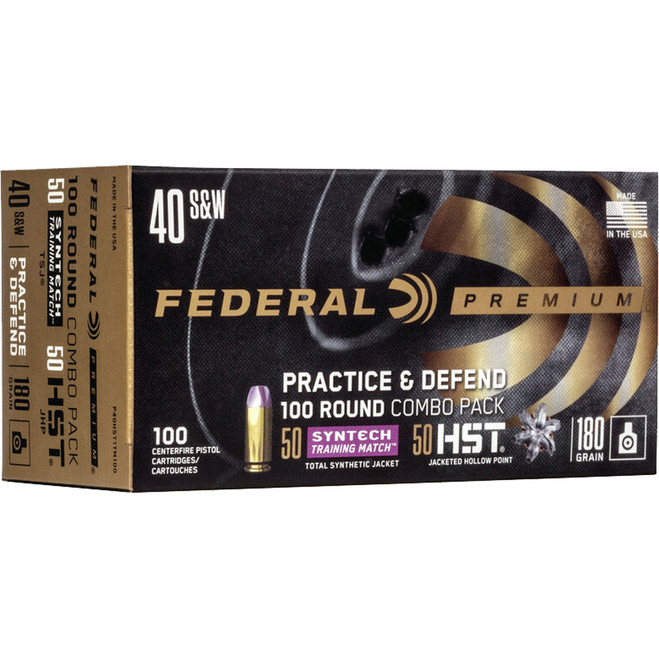 Federal Practice & Defend Pistol Ammo 40 S&W 180 gr. HST/Syntech 100 rd. Federal Practice & Defend Pistol Ammo 40 S&W 180 gr. HST/Syntech 100 rd.