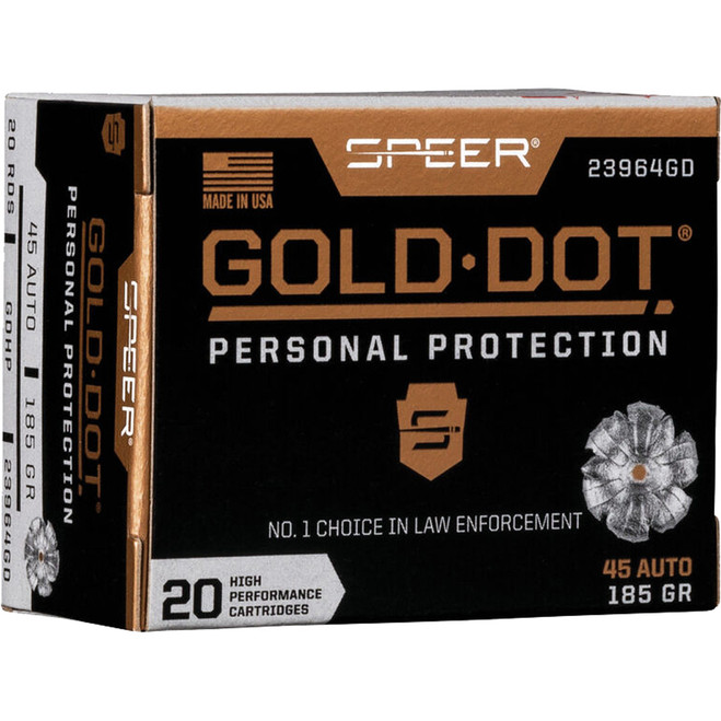 Speer Gold Dot Personal Protection Pistol Ammo 45 ACP 185 gr. HP 20 rd. Speer Gold Dot Personal Protection Pistol Ammo 45 ACP 185 gr. HP 20 rd.