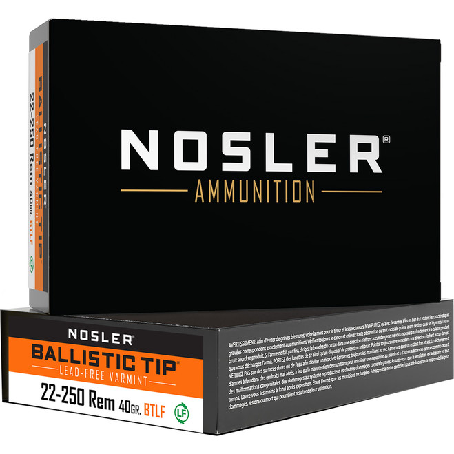 Nosler Varmint Ballistic Tip Rifle Ammunition 22-250 Rem. 40 gr. BTLF SP 20 rd. Nosler Varmint Ballistic Tip Rifle Ammunition 22-250 Rem. 40 gr. BTLF SP 20 rd.